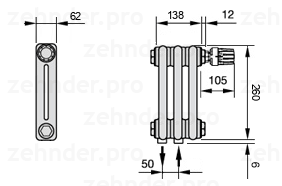 Схема (чертеж) Радиатор Zehnder Charleston 2026/3 №V008 Белый глянцевый RAL 9016